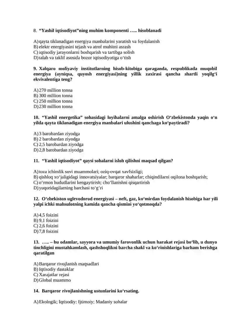 Yashil iqtisodiyot fanidan testlar yakuniy nazorat uchun bazasi 2