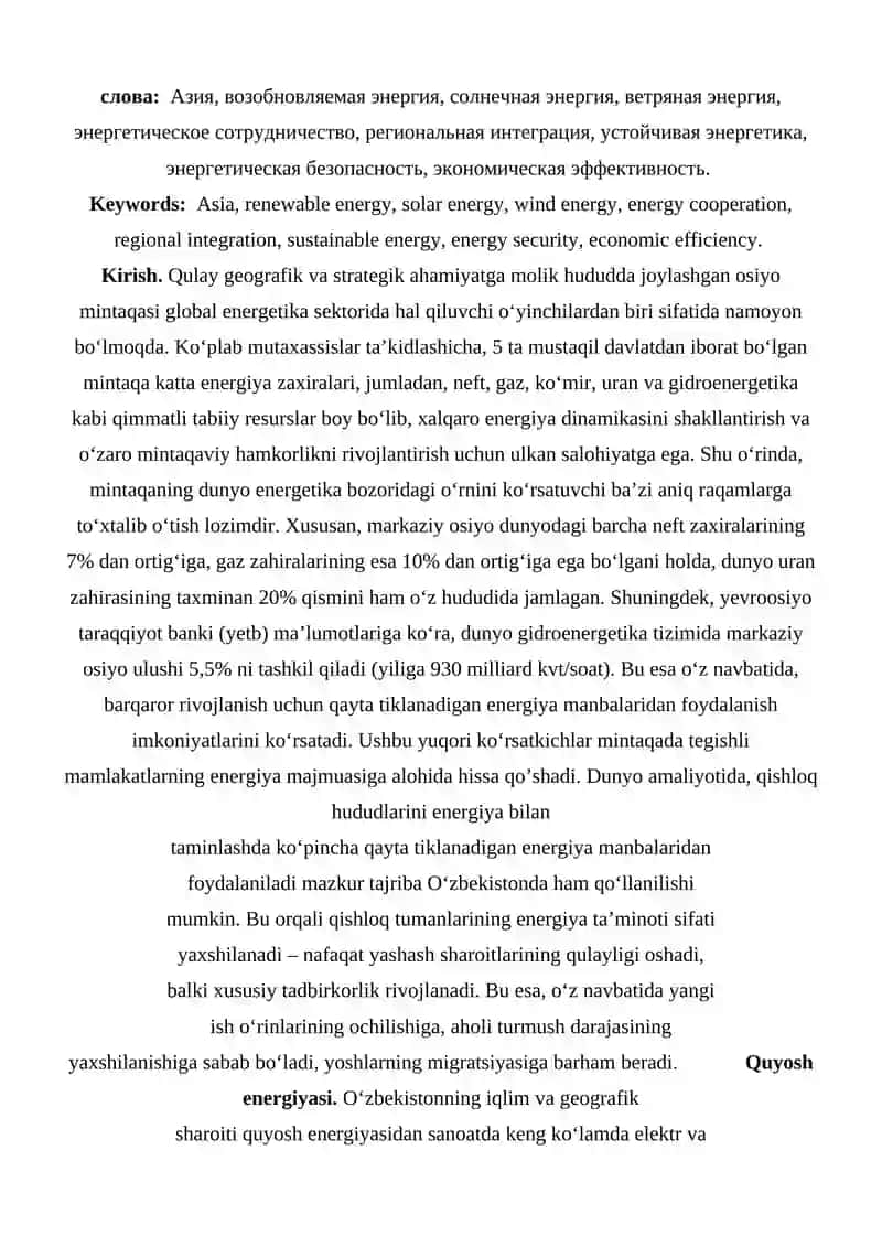 Osiyoda MINTAQASIDA quyosh va shamol energiyasi salohiyatidan foydalanish va bu boradagi mintaqaviy hamkorlIGI 2