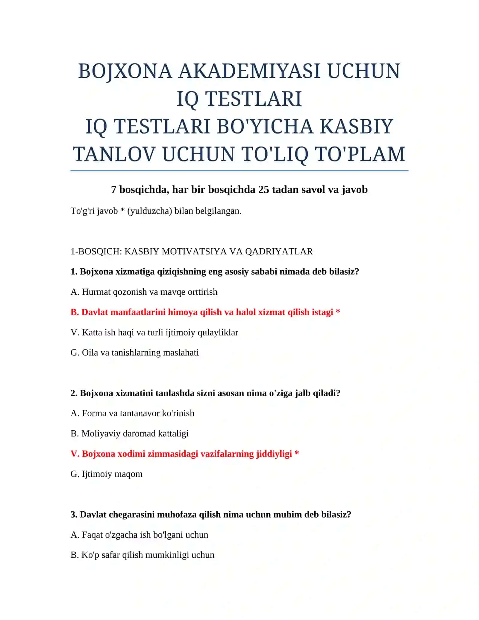 BOJXONA AKADEMIYASI UCHUN IQ TESTLARI 2