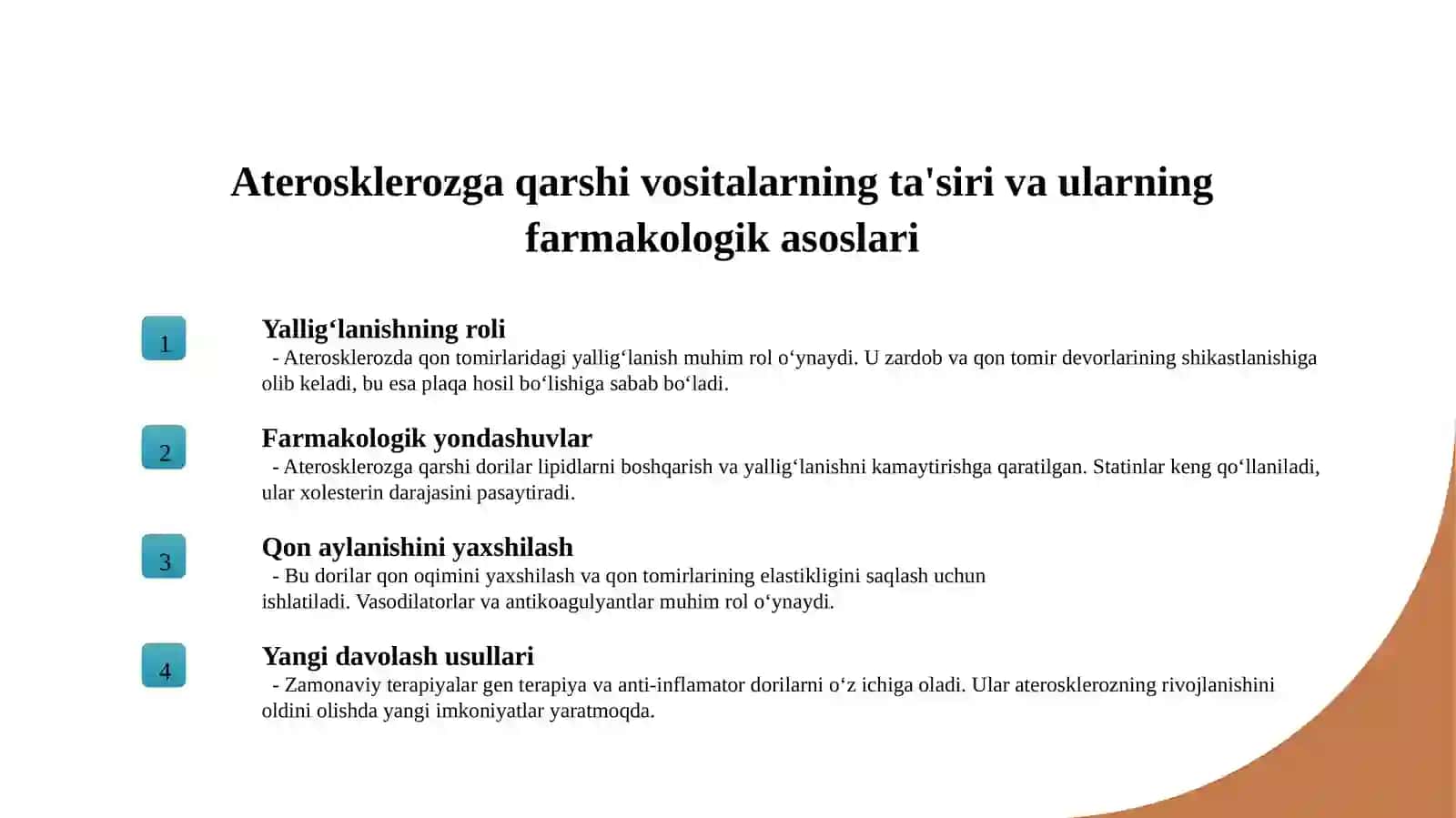 ATEROSKLEROZGA QARSHI VOSITALAR. SODDA JONIVORLARGA QARSHI. SULFANILAMID PREPARATLARI. ZAXMGA GARSHI VOSITALAR. 2
