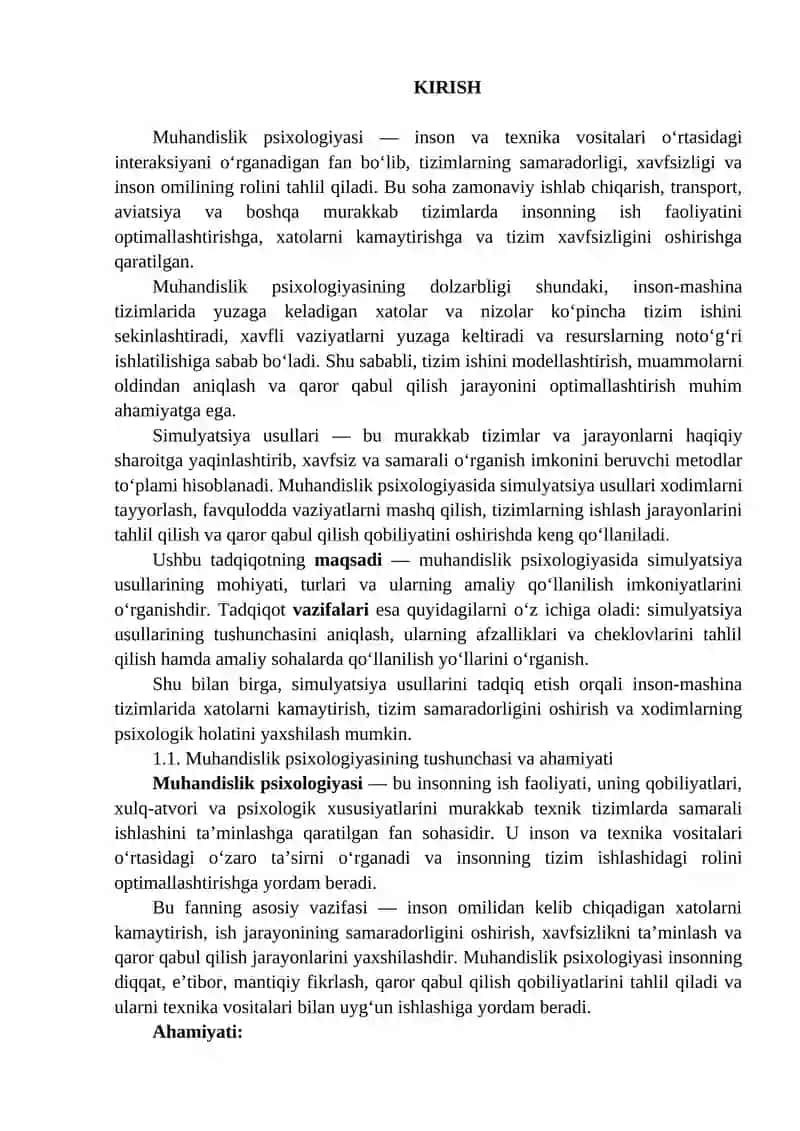 Muhandislik psixologiyasining simulyatsiya usullari 2