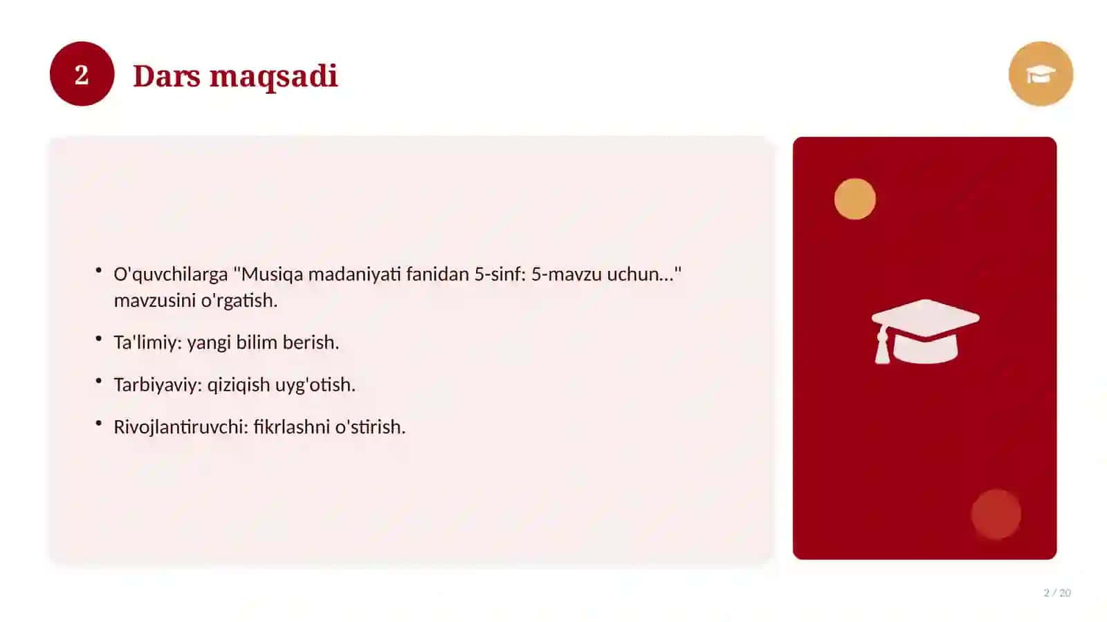 Musiqa madaniyati fanidan 5-sinf: 5-mavzu uchun batafsil dars ishlanmasi 2