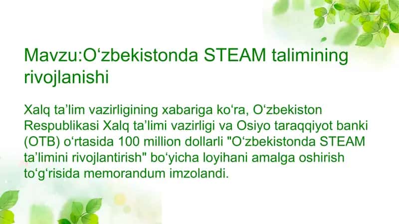 "Oʻzbekistonda STEAM taʼlimining rivojlanishi" 2