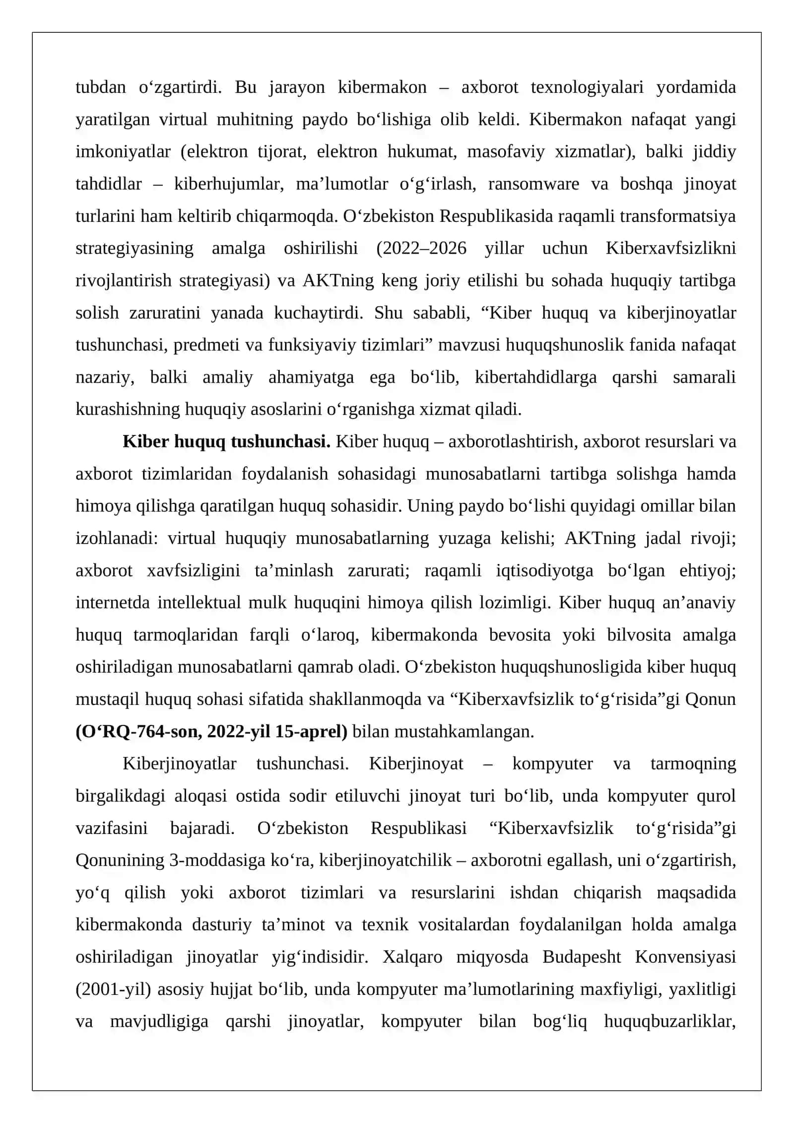 Kiber huquq va kiberjinoyatlar tushunchasi, predmeti va funksiyaviy tizimlari 2
