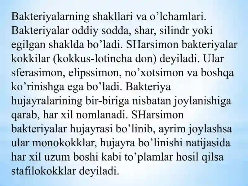 1-mavzu:Sharsimon,tayoqchasimon,egilgan spiralsimon mikroorganizmlar morfologiyasi.Surtma tayyorlash texnikasi.Oddiy va murakkab bo’yash usullari. (Gramm usuli, Sil-Nilson,Burri-Gins, Neysser, Ojeshko, Romanovskiy-Gimza). Stomatologik poliklinikada terapevtik va jarrohlik stomatologik kabinetlari va bo’limlari tashkil etish talablari.Stomatologik bo’limlarda shifoxona ichi infektsiyalari muammolari. 2