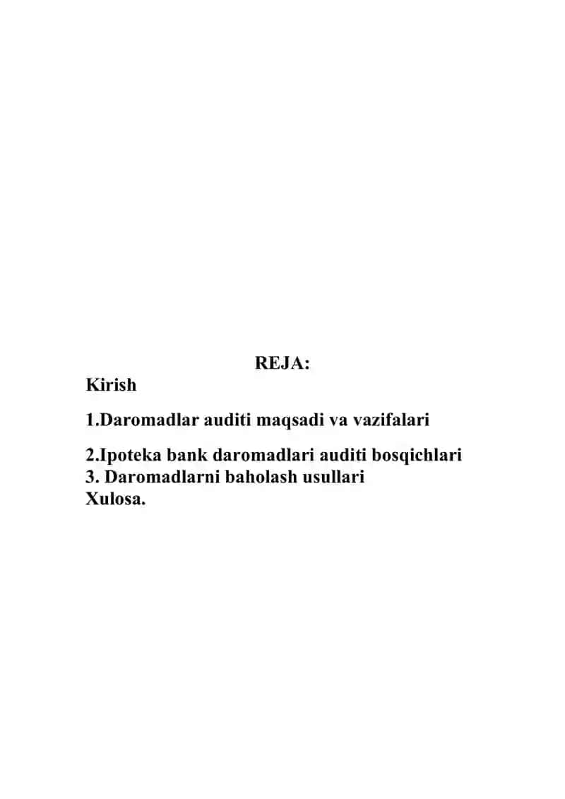 Tijorat banklarining daromadlari auditi Ipoteka bank misolida 2