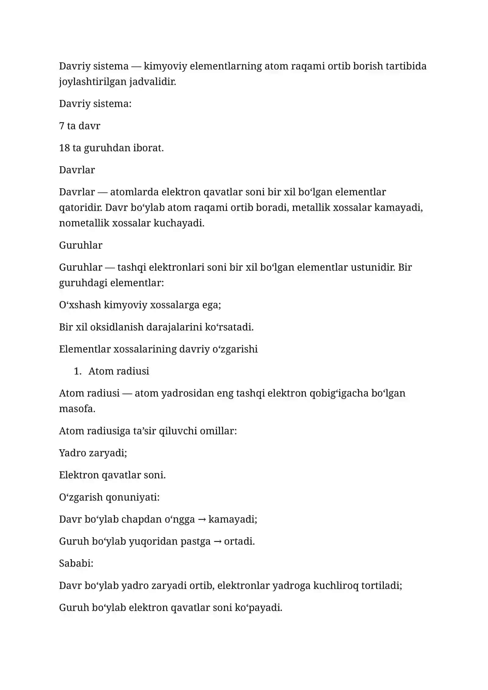 D.I. Mendeleyevning elementlar davriy sistemasi va davriy qonuni. Elementlar va ularning xossalarining davriy o‘zgarishi 2