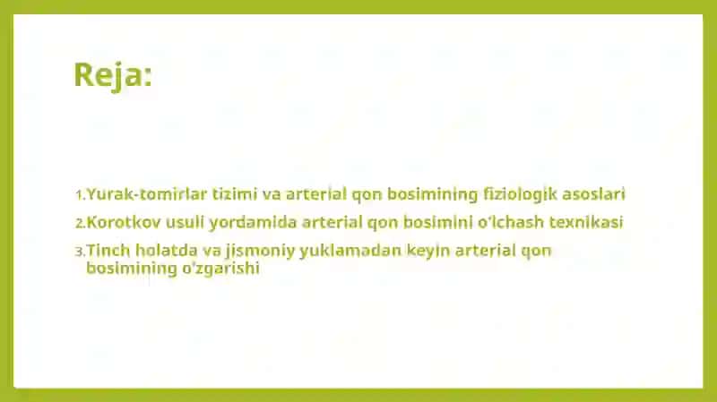 Yurak-tomirlar tizimining funksional ko'rsatkichlari tinch xolatda va jismoniy ishdan keyin odamdagi arterial qon bosimini Korotkov usulida o'lchash 2