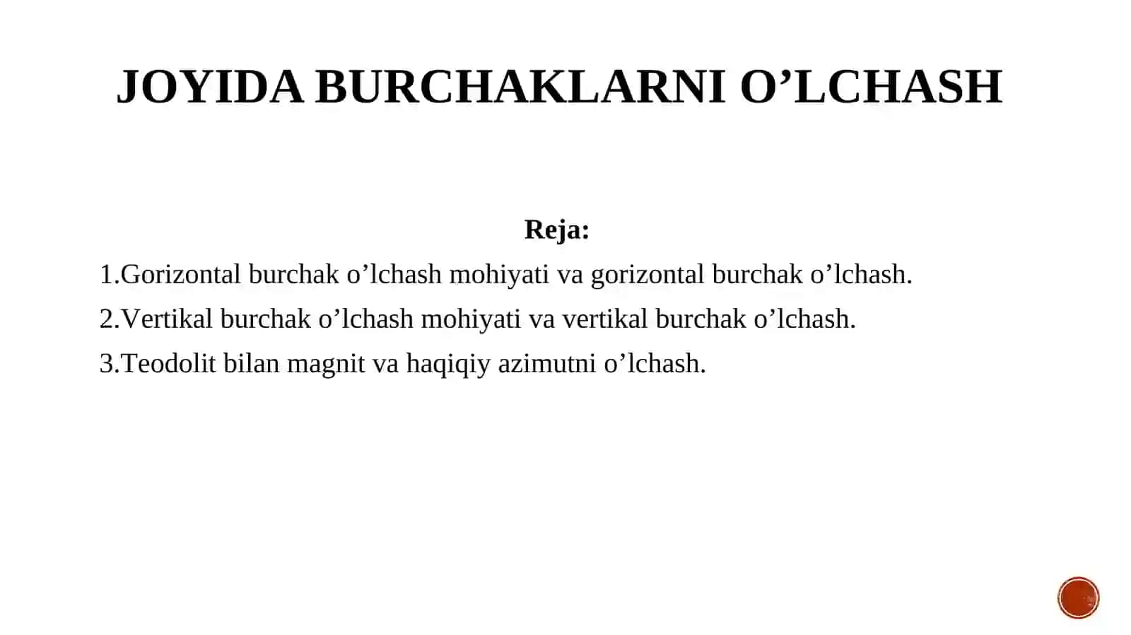 Islom Karimov nomidagi Toshkent davlat texnika universiteti Termiz filiali Qurilish va transport tizimlari fakulteti Avtomobilyo’llari va aerodromlar yo’nalishi 7-18 guruh talabasi Ibroximov Masrurning Muhandislik geodeziyasi fanidan tayyorlagan 2