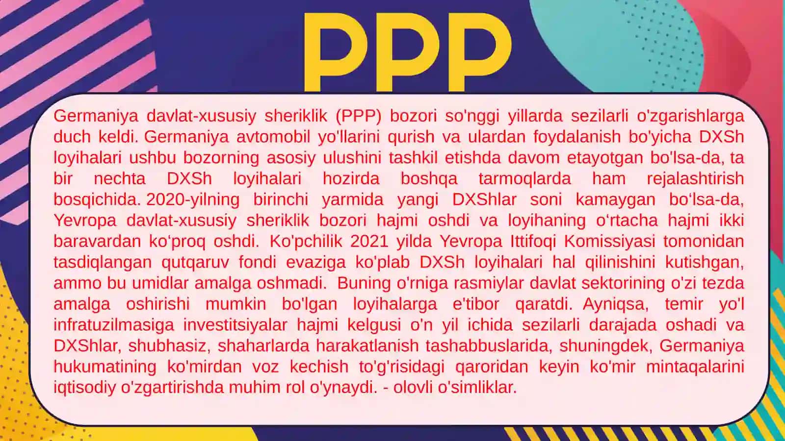 PPP Germaniyaning davlat-xususiy sheriklik bozori (PPP) bo'yicha o'zgarishlar 2