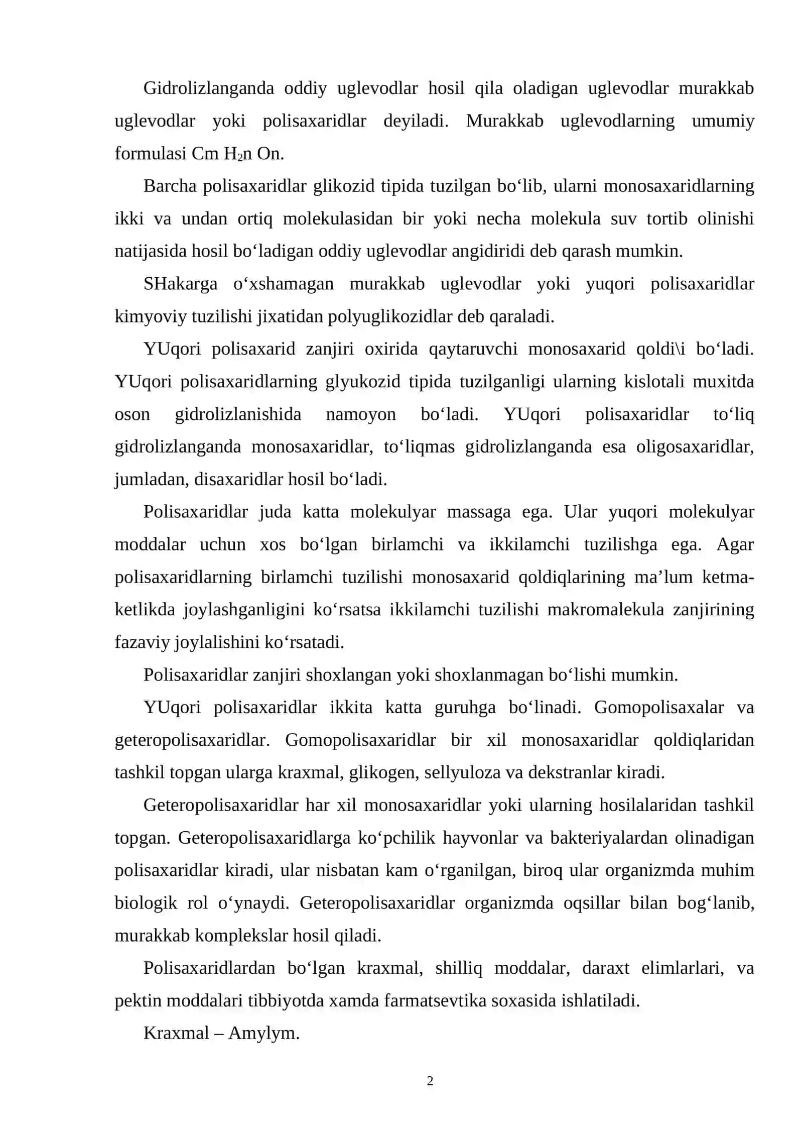 Polisaxaridlar va ularning xususiyatlari. Polisaxaridlar tasnifi 2
