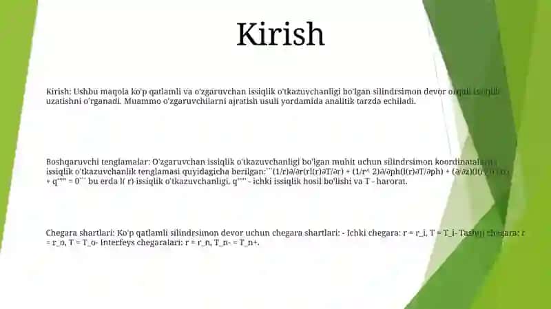 Bir Va Ko‘P Qatlamli Silindrik Devor Orqali Issiqlik Uzatish 2
