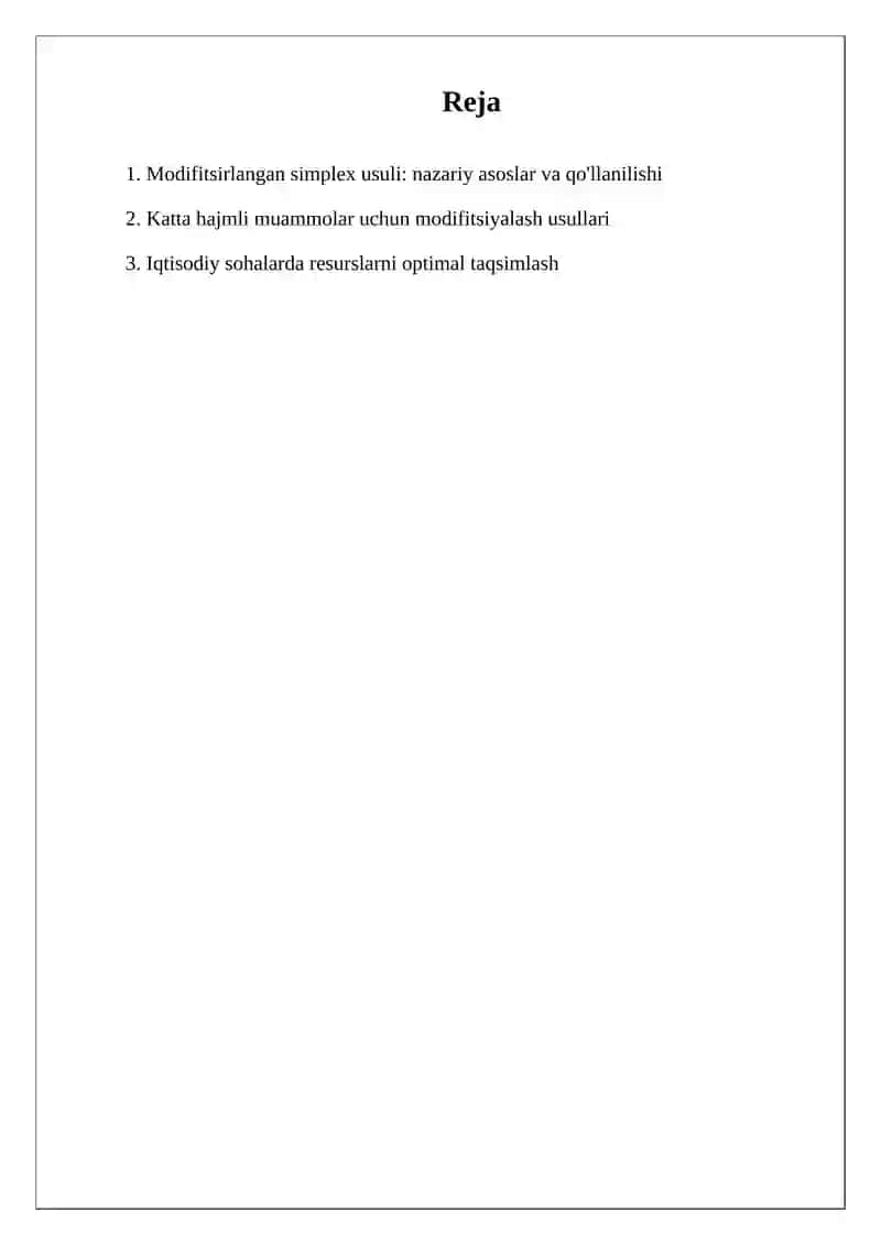 Iqtisodiy masalalarni simplekis usulda yechis modifitsirlangan simplekis usul xos chiziqli programmalashtirish masalasi 2