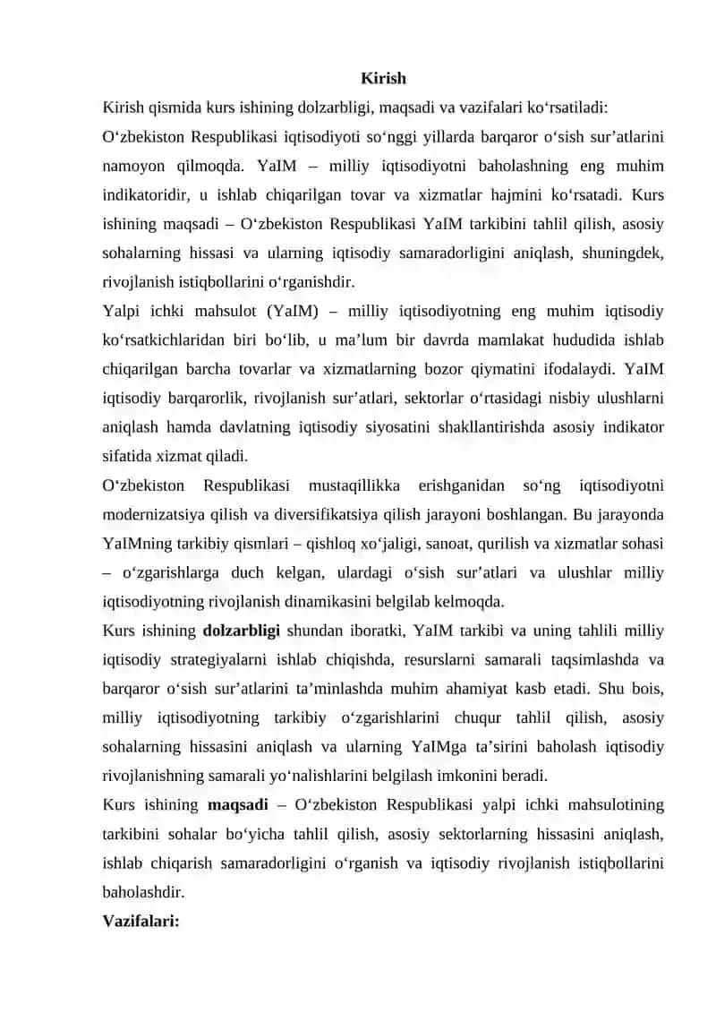 O‘ZBEKISTON RESPUBLIKASI YALPI ICHKI MAHSULOTINING ISHLAB CHIQARISH TARKIBI VA UNING TAHLILI 2