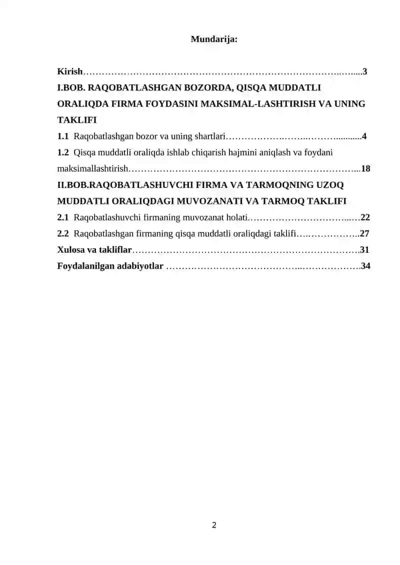 Raqobatlashgan bozorda, qisqa muddatli oraliqda firma foydasini maksimallashtirish shartlari va uning taklifi 2