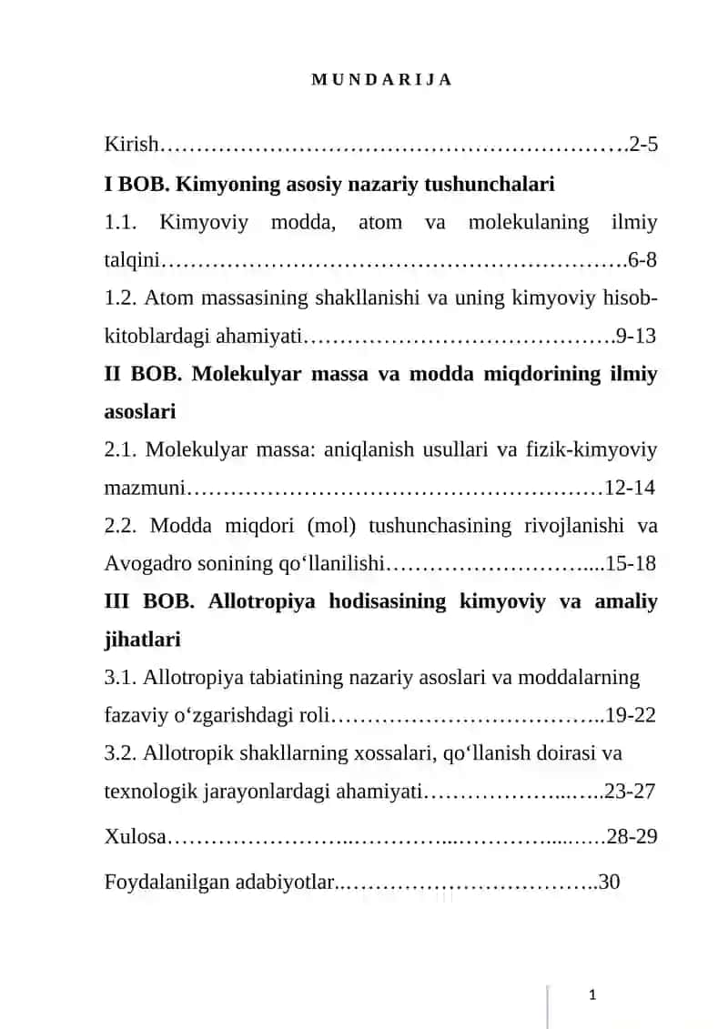 KIMYONING ASOSIY TUSHUNCHALARI. ATOM MASSA. MOLEKULYAR MASSA. MODDA MIQDORI VA ALLOTROPIYA. 2