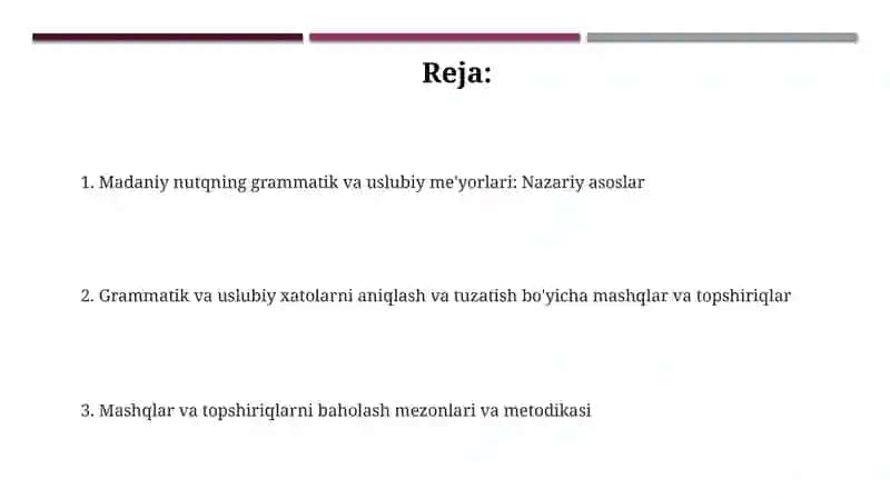 Madaniy nutqning grammatik va uslubiy me'yorlari bo'yicha mashq va topshiriqlar tayyorlash 2