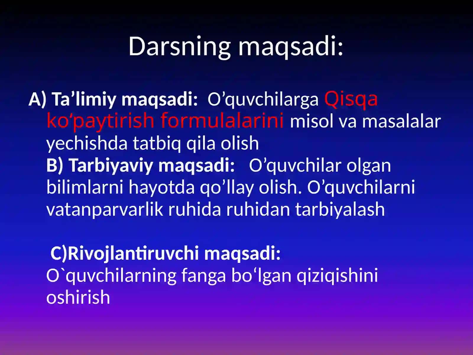 7-sinf Algebra fanidan Qisqa ko'paytirish formulalarining tatbiqi ochiq dars ishlanmasi 2