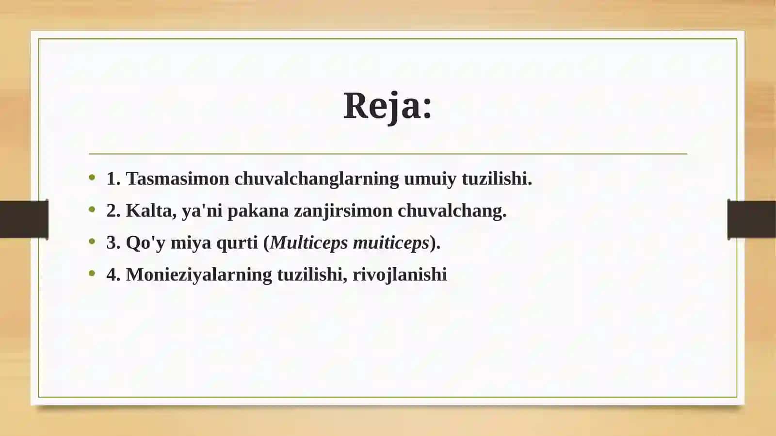 Tasmasimon chuvalchang-lardan-pakana gijja, qo'y miya qurti,monieziyalarningtuzilishi, rivojlanishi, keltira-digan zarari hamda ularning choralarioldiniolish 2