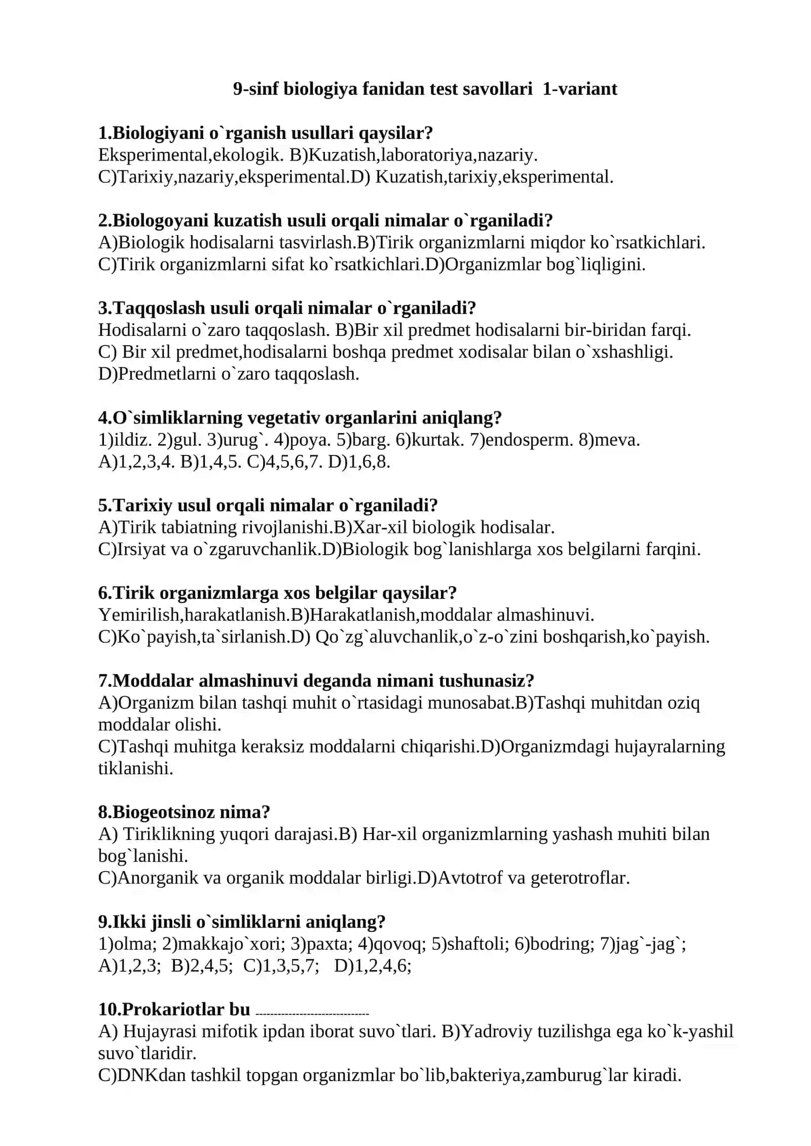 9-sinf biologiya fanidan test savollari 2