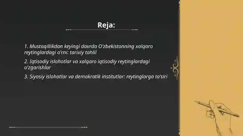 O'zbekistonni halqaro reytinglardagi ko'rsatgichlarini ko'tarishning tarixiy va siyosiy ahamiyati 2