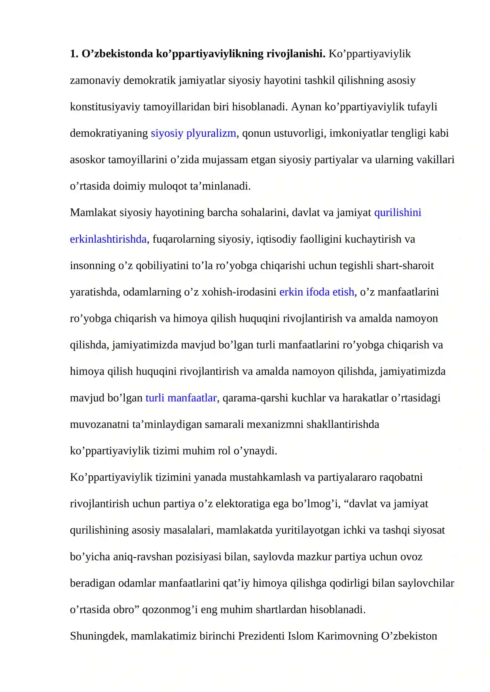 O'zbekistonda ko'ppartiyaviylik tizimining shakllanishi va uning ahamiyati 2