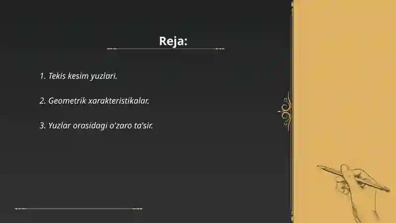 Tekis kesim yuzlarining geometrik xaraktiristikasi.Siljish sof siljishdagi Guk qonuni 2