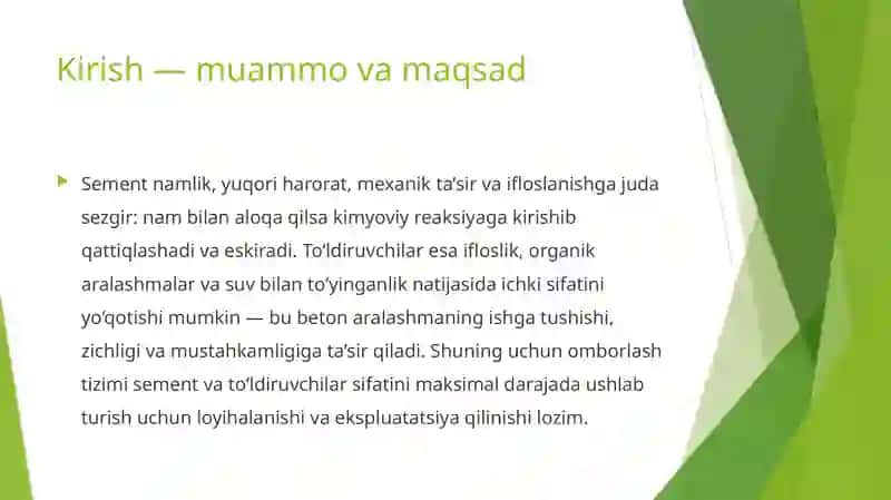 Sement va to'ldiruvchilarni omborlarga joylash 2