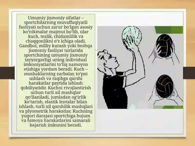 Umumiy jismoniy sifatlarni rivojlantirish. Yuqoridan ikki qo‘llab aniq to‘p uzatish texnikasini takomillashtirish 2