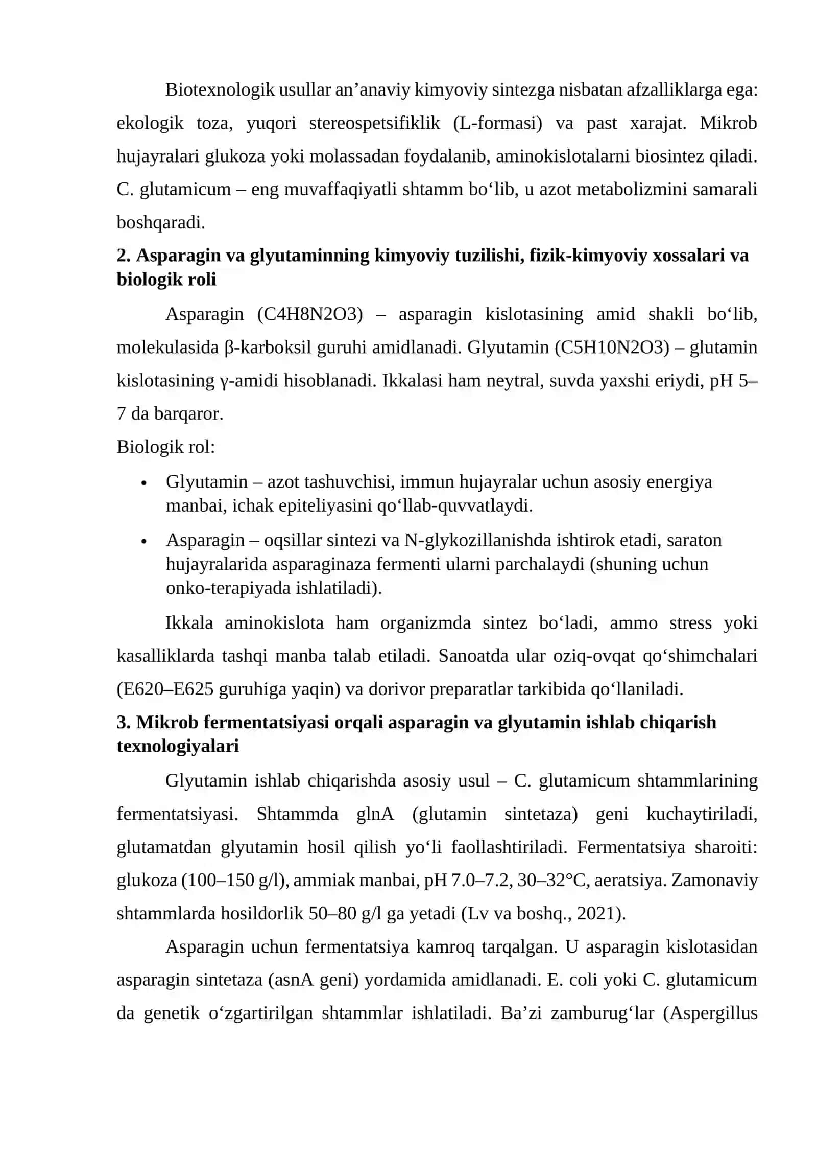 Asparagin va glyutamin aminokislotalarni ishlab chiqarish biotexnologiyasi 2