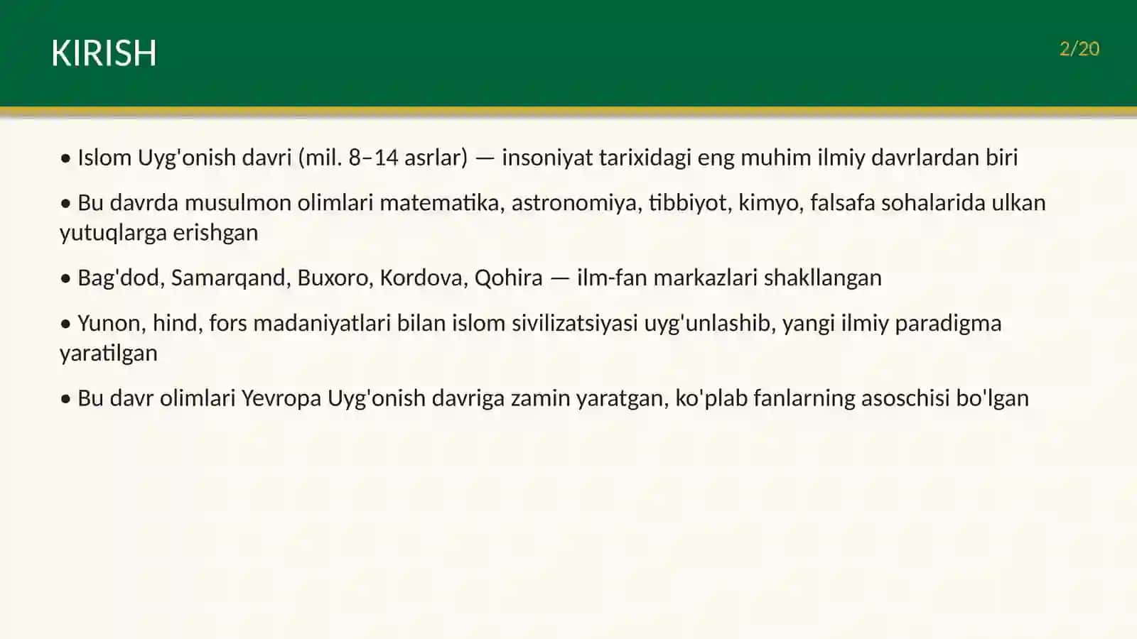 Islom Uyg'onish davrida fanning rivojlanishi 2