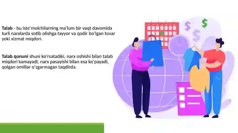 Talab-bu iste'molchilarning ma'lum bir vaqtda vomi daturlar narxlarda sotib olishga tayyor va qodir bo'lgan tovar 2
