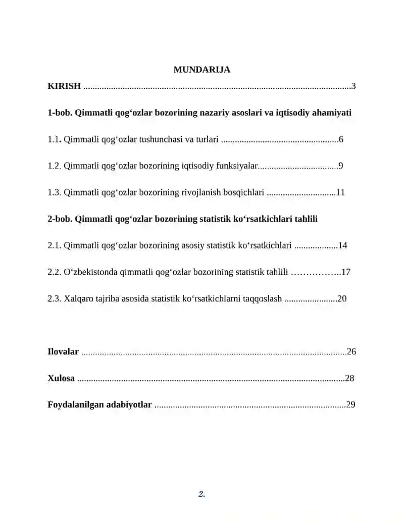 Qimmatli qog’ozlar statistikasi ko’rsatkichlari 2