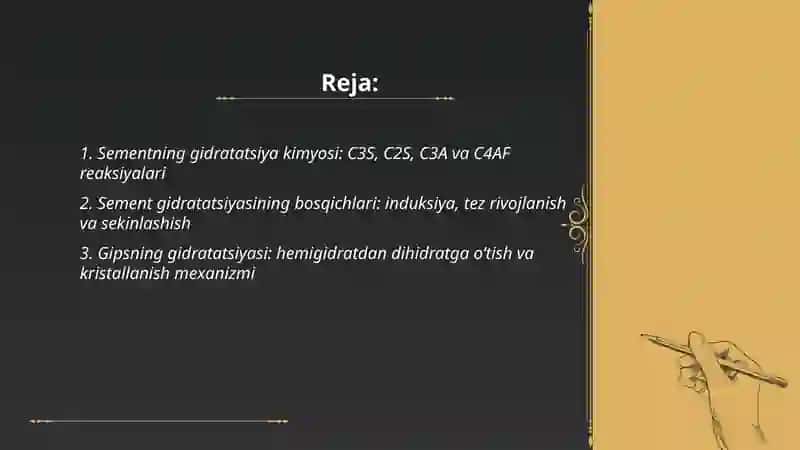 Gidravlik bogʻlovchi moddalar (sement,gips,ohak)ning gidratatsiya jarayonlari 2
