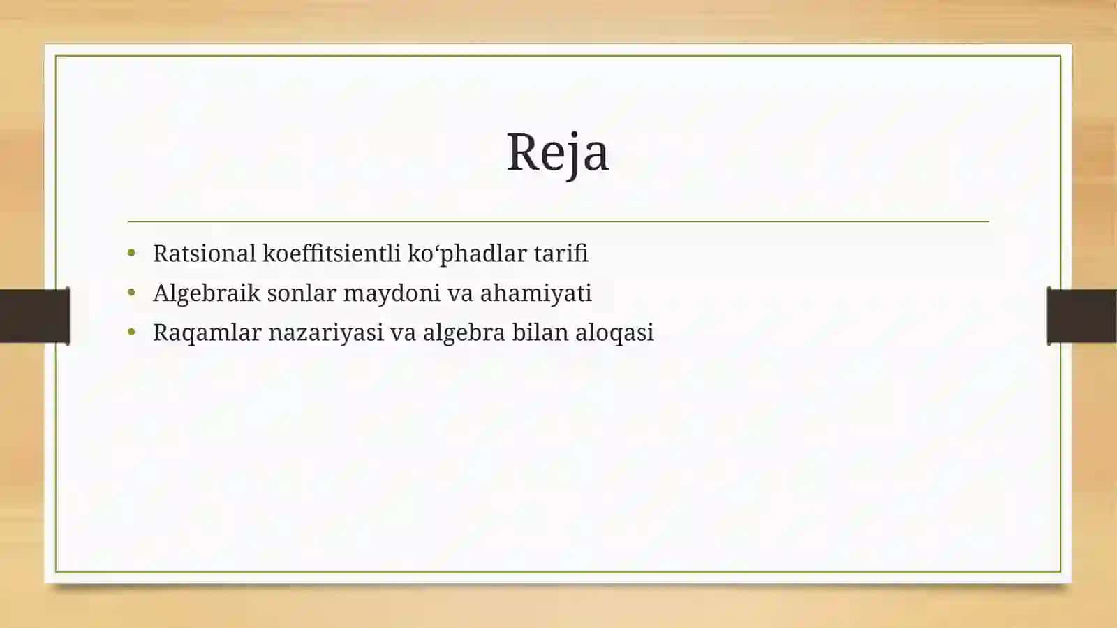 Ratsional koeffitsienti koʻphadlar. Algebraik sonlar maydoni 2
