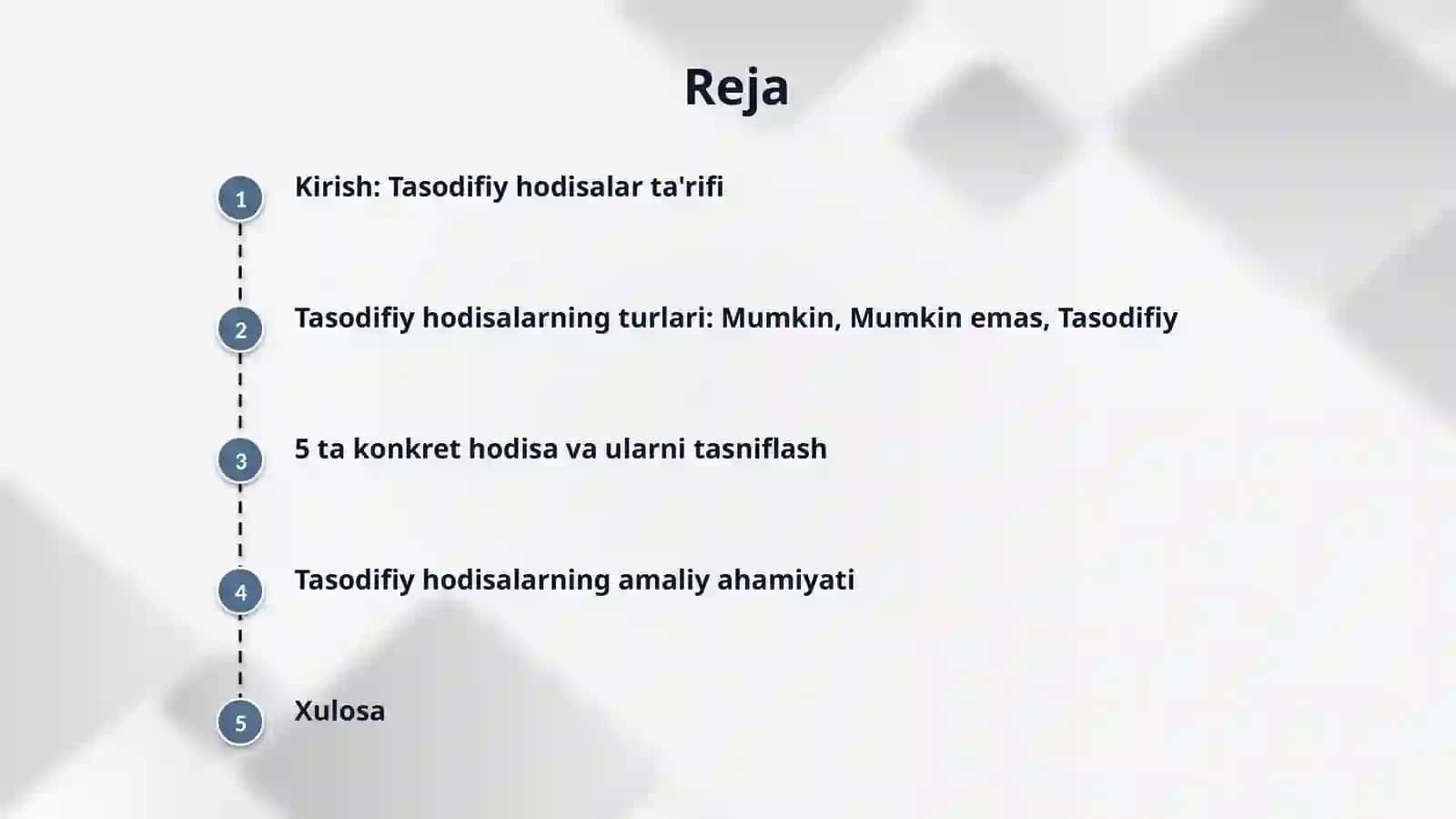 Tasodifiy hodisalar va ularning turlari. 5 ta hodisani yozing va ularni mumkin, mumkin emas, tasodifiy hodisaga ajrating 2