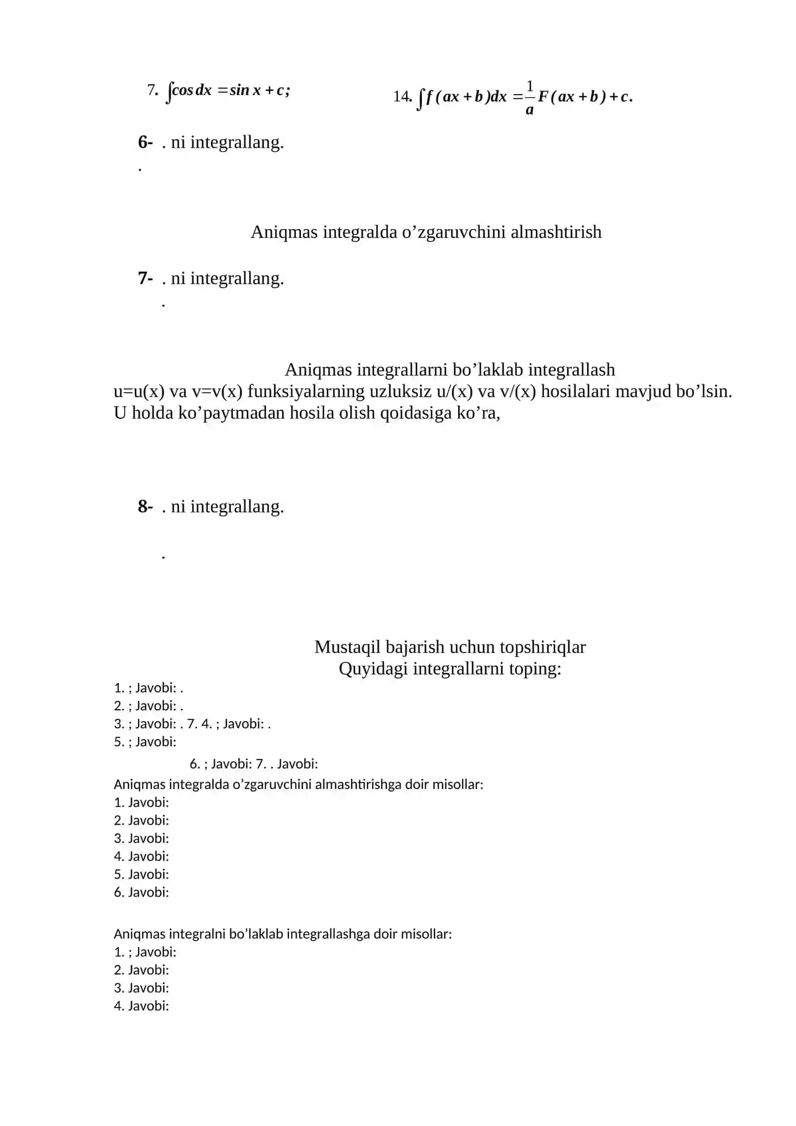 Aniqmas integralni integrallash qoidalari 2