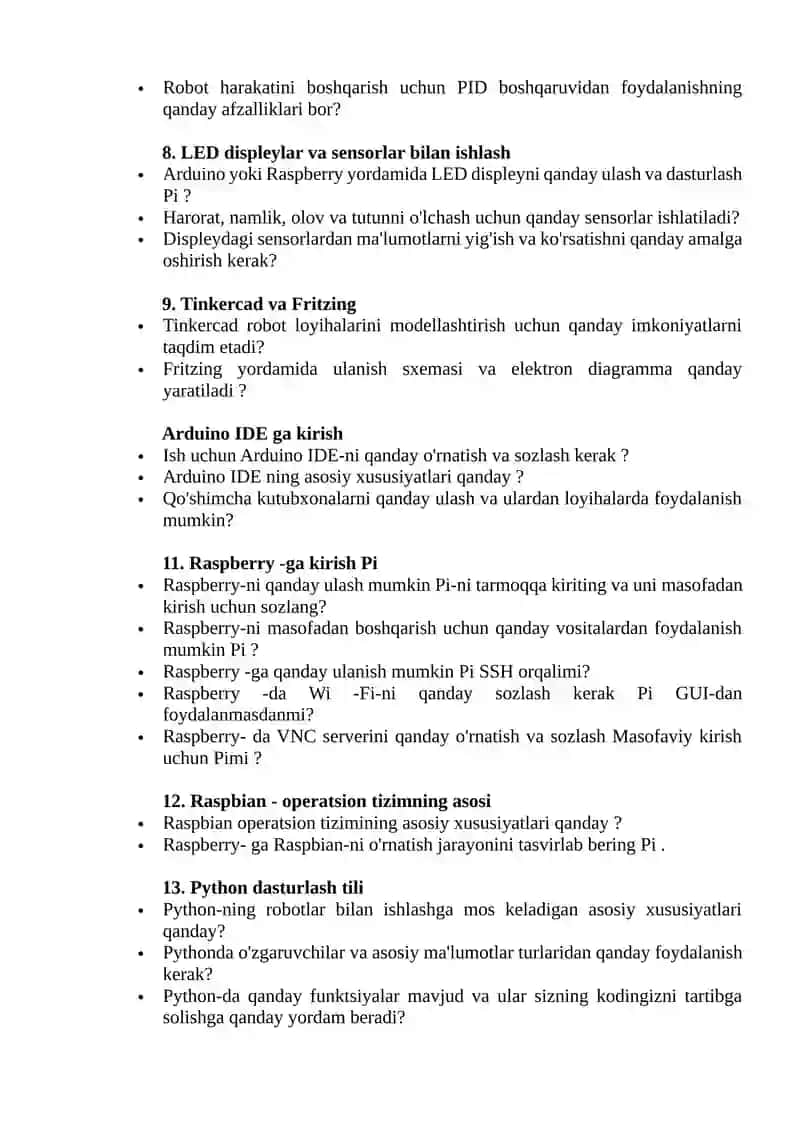Robo -oriented programming” fanidan yakuniy nazorat savollari 2