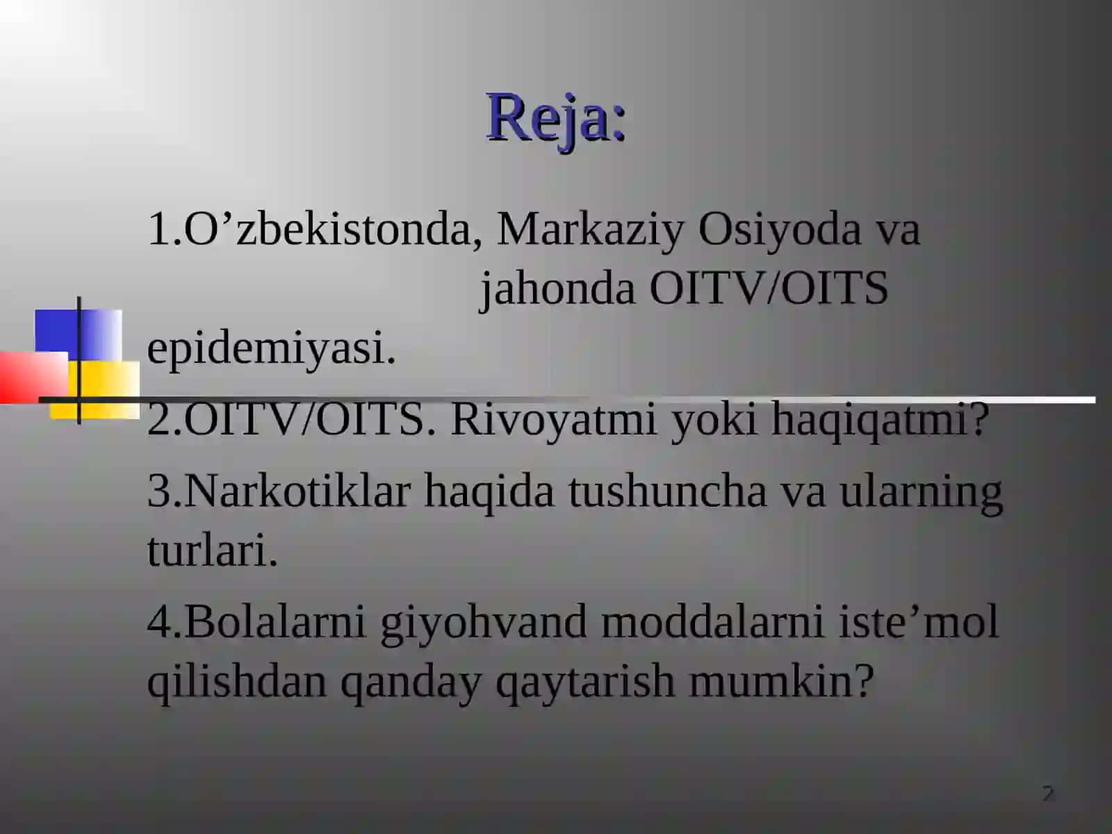 O’quvchi yoshlar o’rtasida giyohvandlik va OITS va kashandalikning oldini olish 2