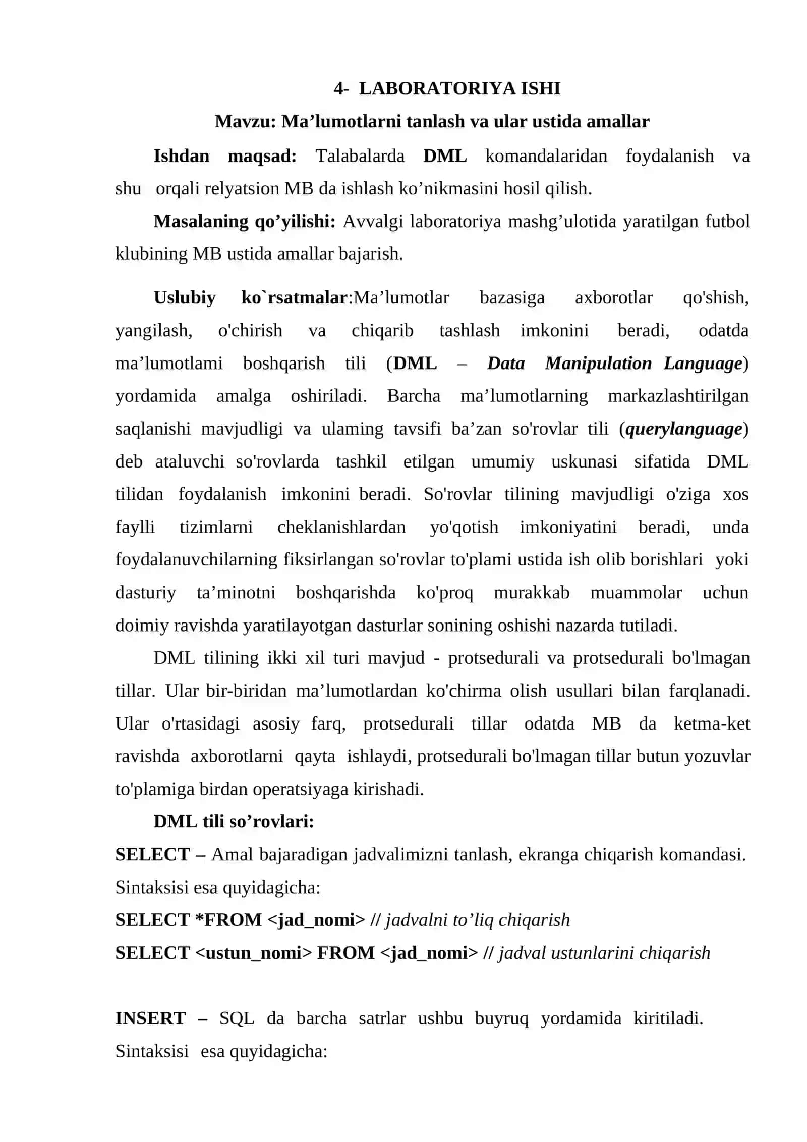 Ma’lumotlarni tanlash va ular ustida amallar 2