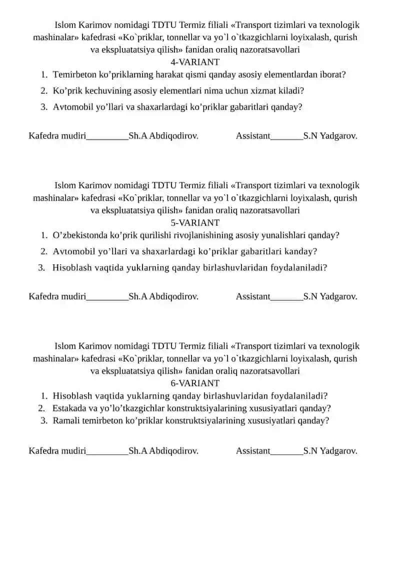 Ko`priklar, tonnellar va yo`l o`tkazgichlarni loyixalash, qurish va ekspluatatsiya qilish 2
