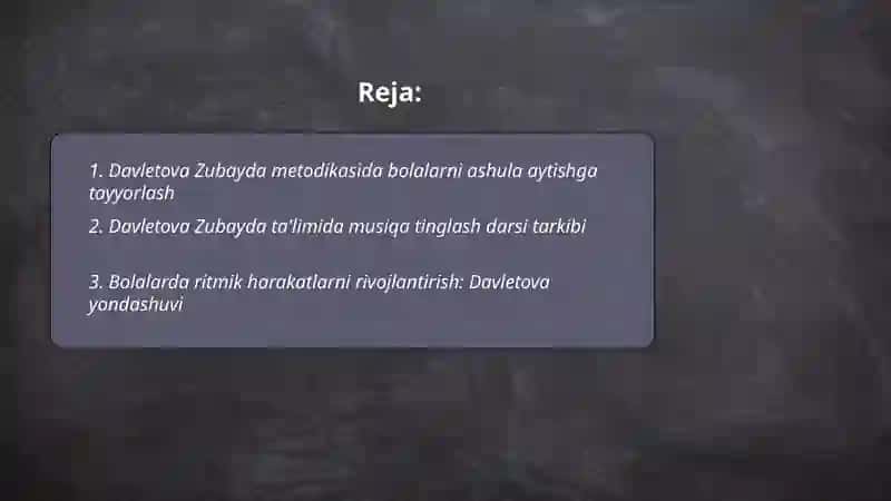 Bolalarni ashula aytish, musiqa tinglash va musiqiy ritmik harakatlarga o'rgatish 2