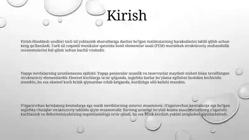 Turli xil yuklanish sharoitlariga duchor bo'lgan tuzilmalarining harakatlarini tahlil qilish 2