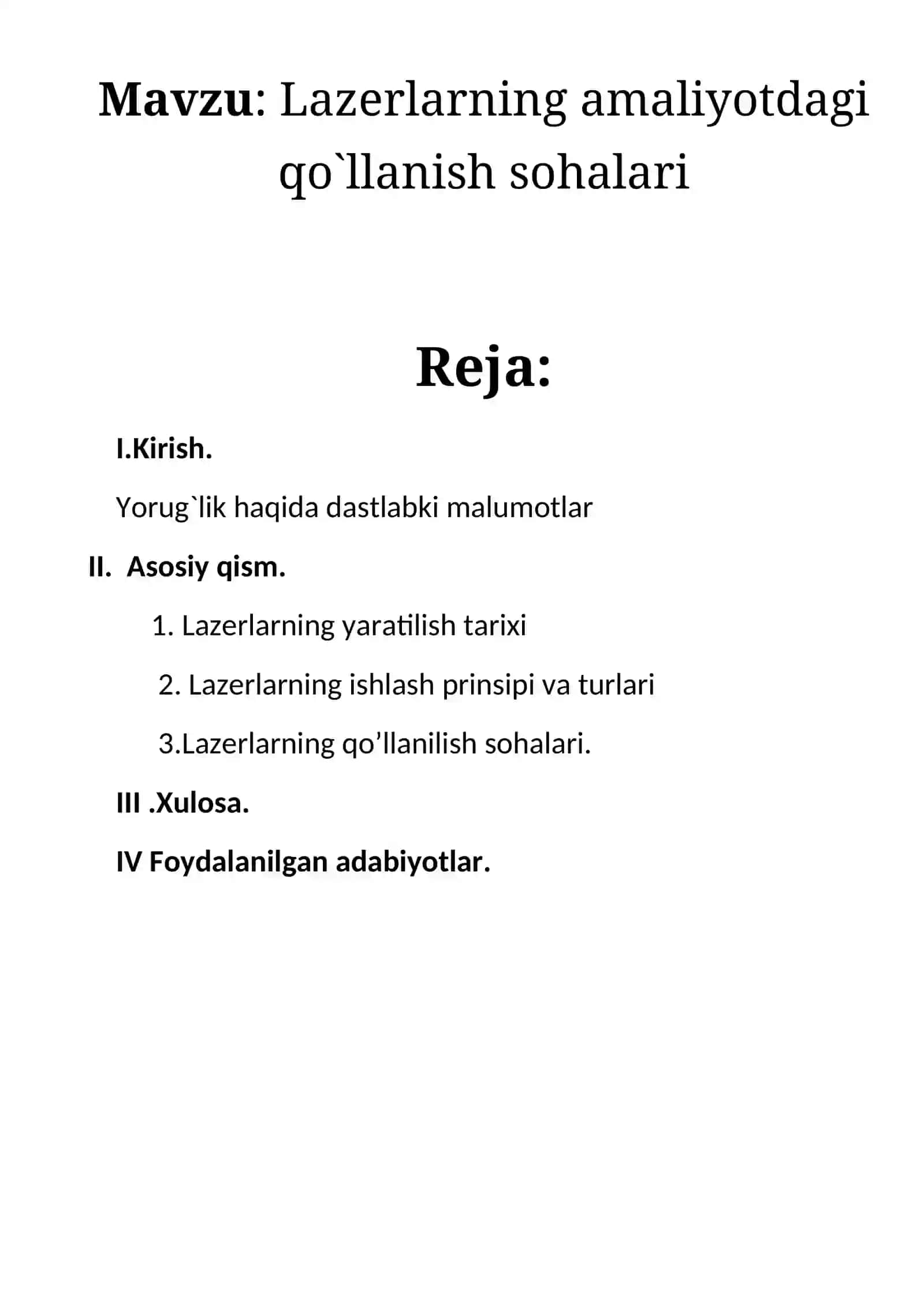 Lazerlarning amaliyotdagi qo`llanish sohalari mavzusida tayyor kurs ish 2