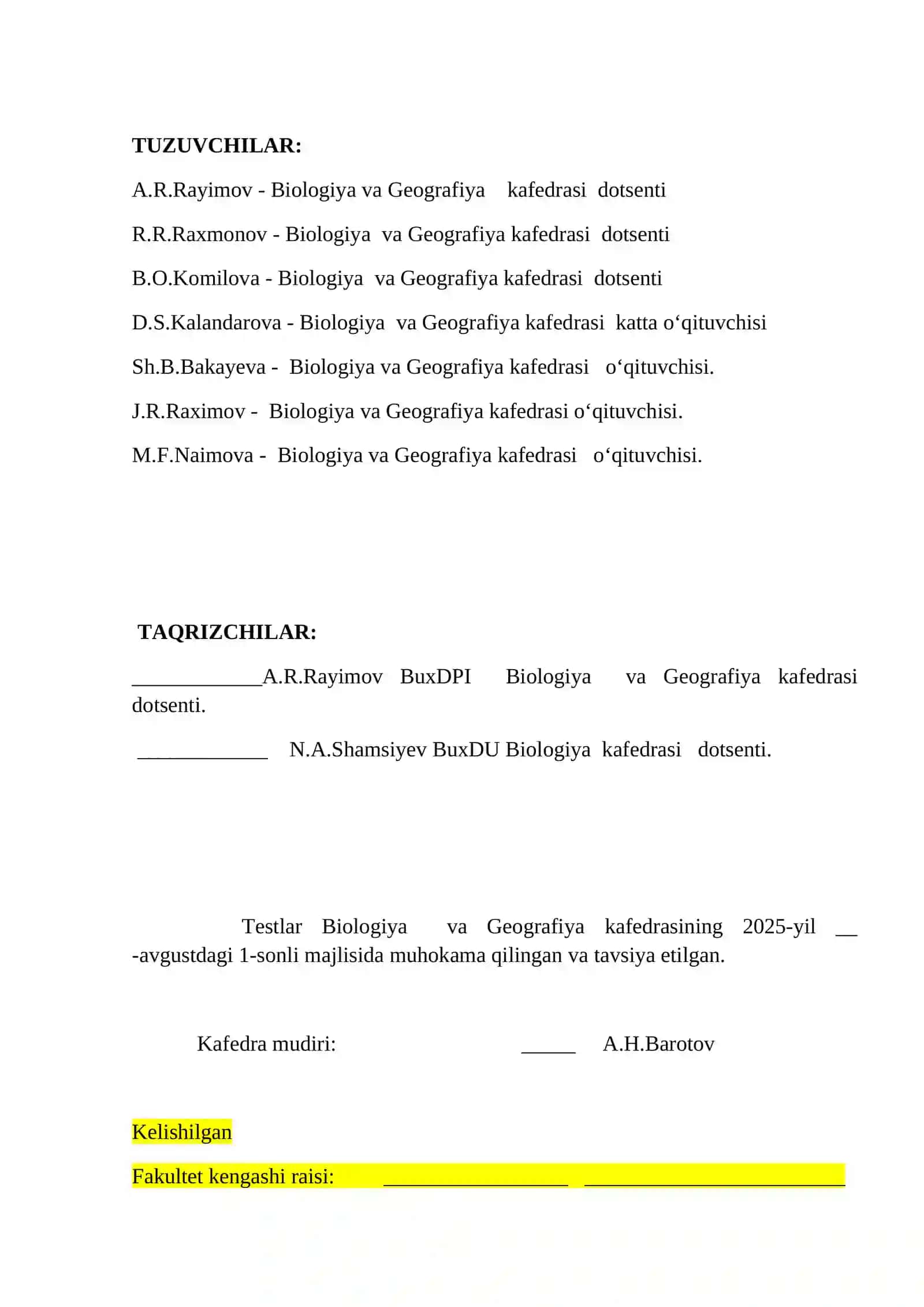 Biologiya va Geografiya 2025-2026 o’quv yili bitiruvchi kurs talabalar uchun maxsus fanlardan test 2