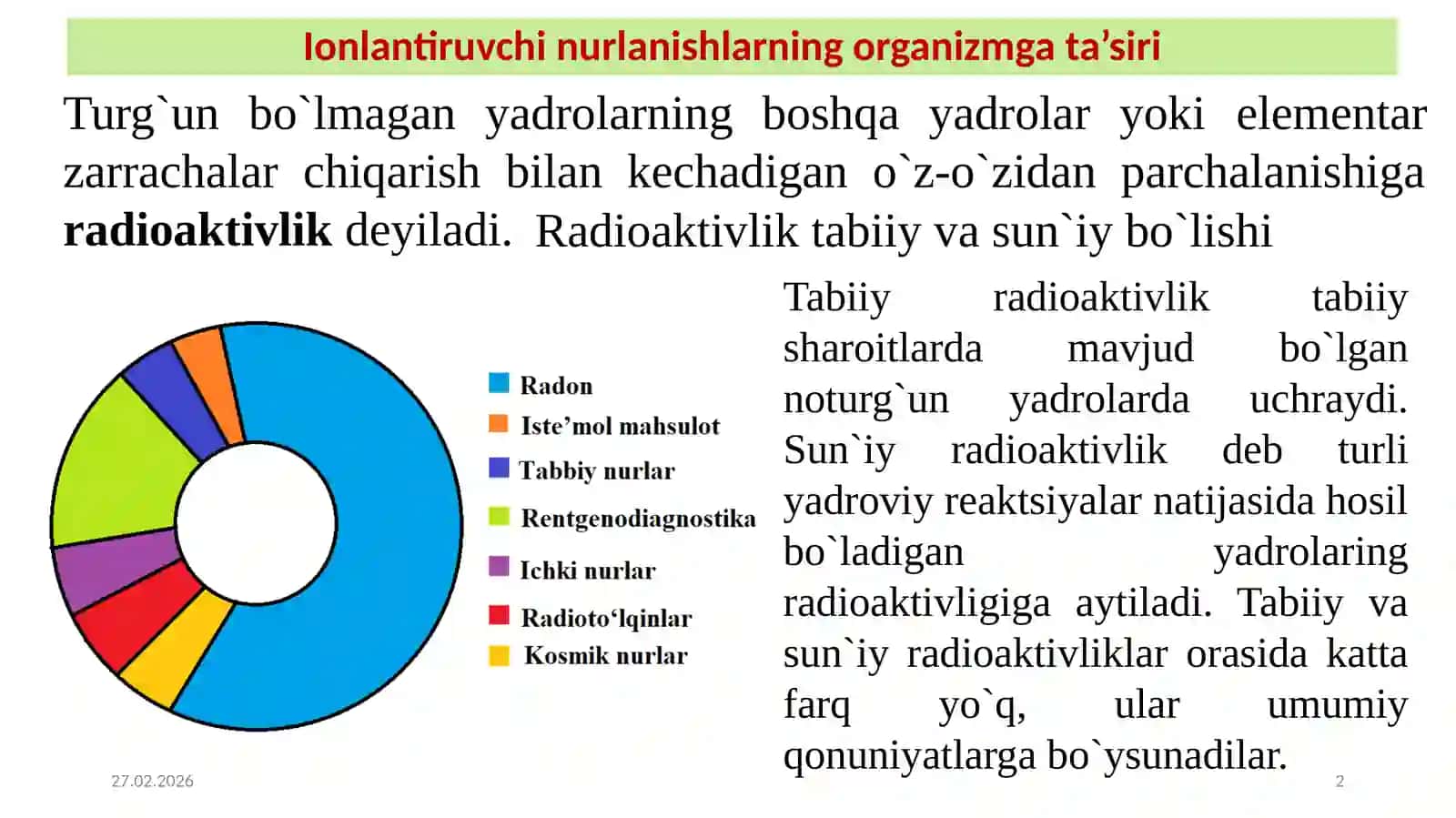 Ionlashtiruvchi nurlanishning inson organizmiga ta’siri va undan himoyalanish usullari 2