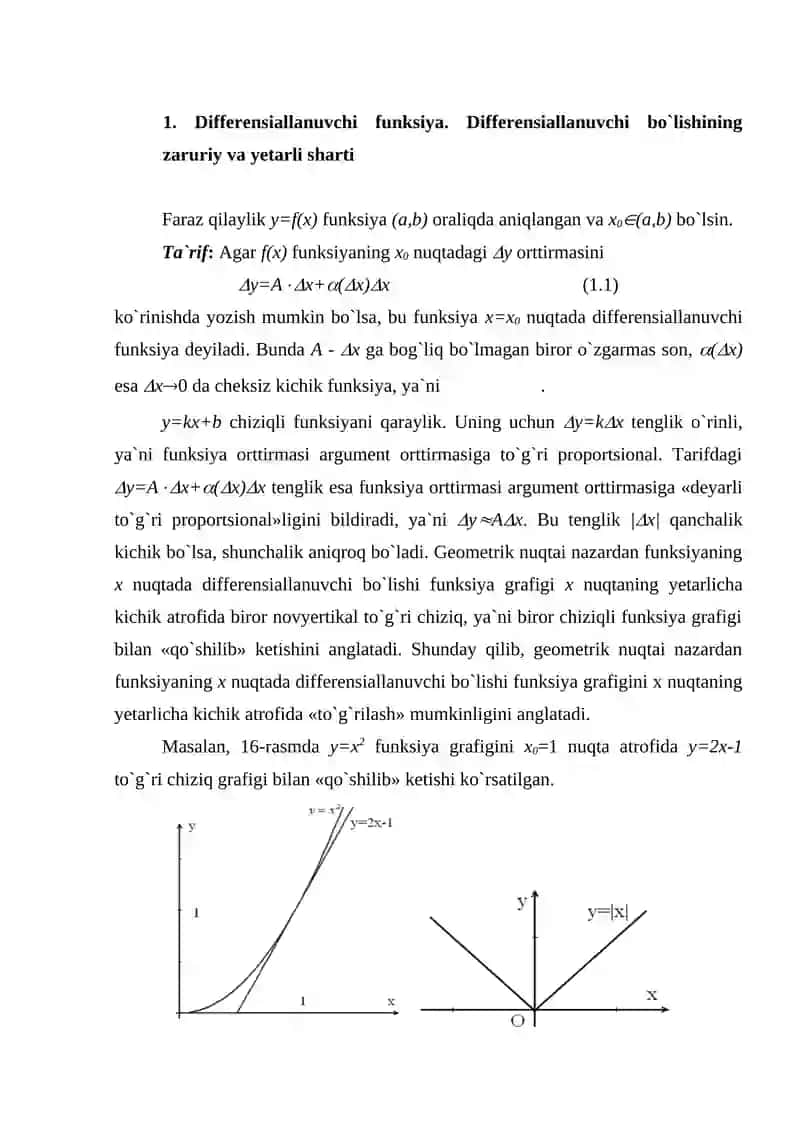 Differensiallanuvchi funksiyaning uzluksizligi. Differensialning geometric va mexanik ma`nosi 2