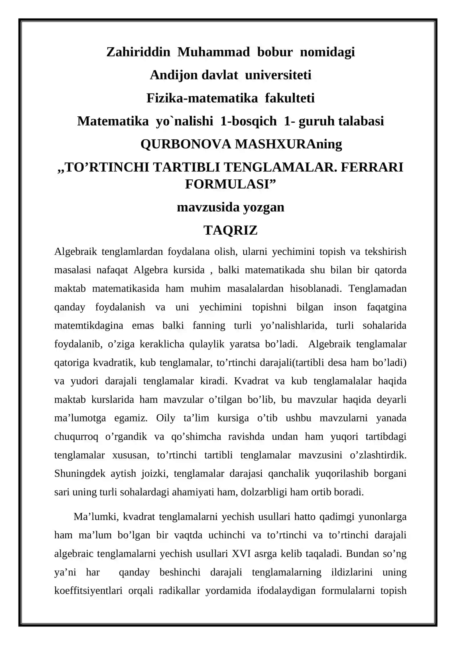 ALGEBRA VA SONLAR NAZARIYASI fanidan "TO’RTINCHI TARTIBLI TENGLAMALAR. FERRARI FORMULASI” kurs ishi 2