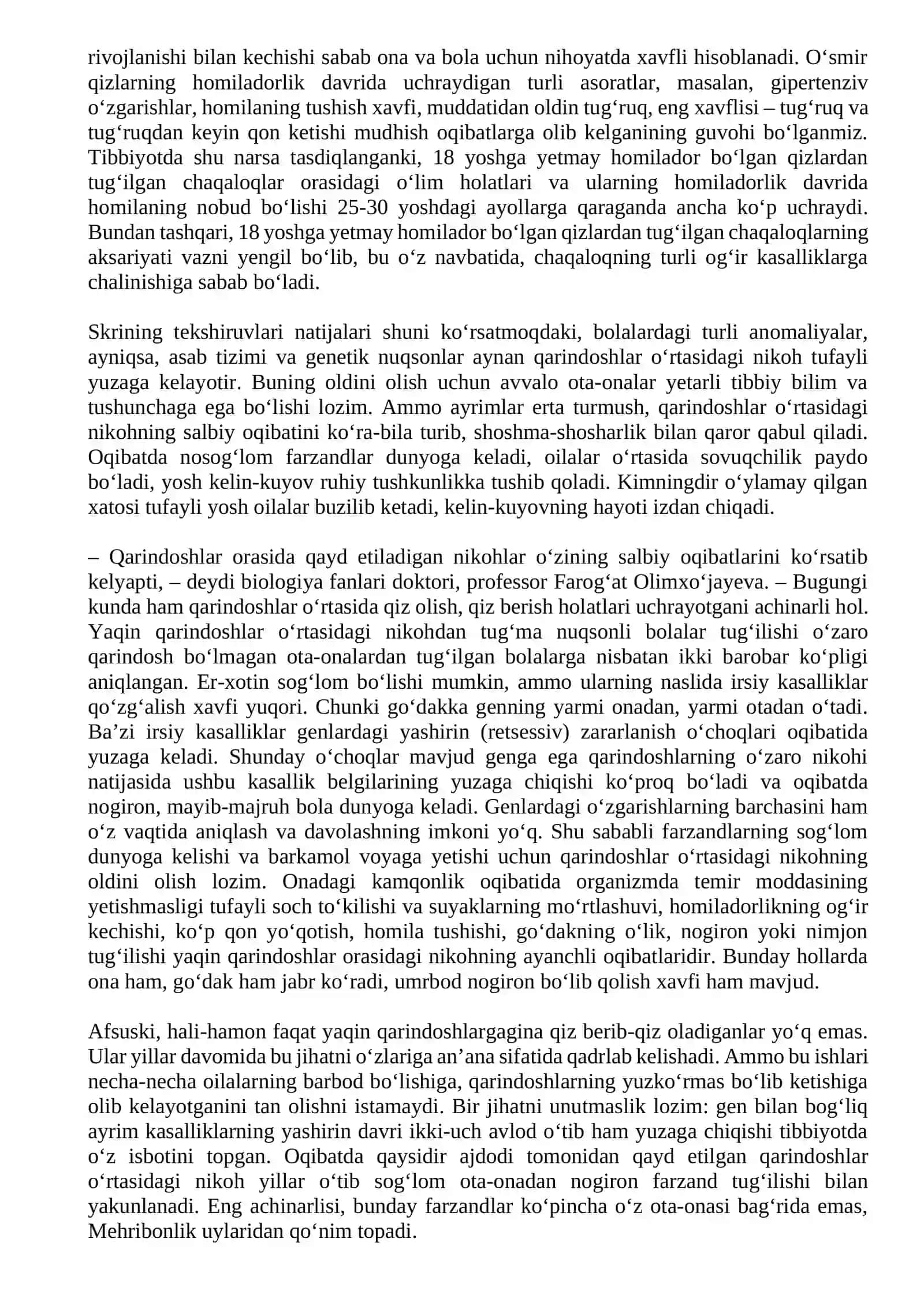 Qarindosh urug’ o'rtasidagi nikohlar va ularning salbiy oqibatlari 2