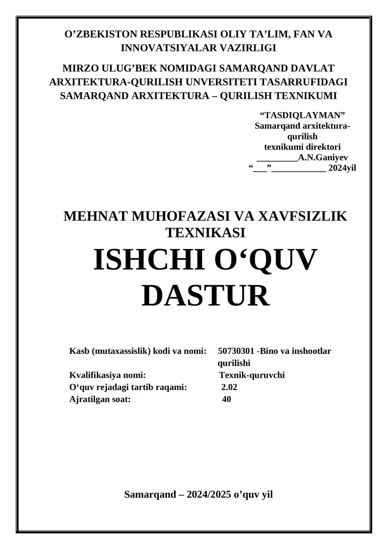 MEHNAT MUHOFAZASI VA XAVFSIZLIK TEXNIKASI O’QITISH MATERIALLARI 2
